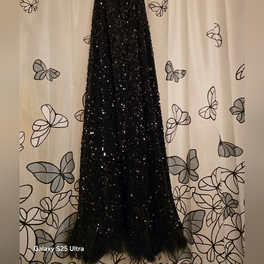 Black Sequin Gown with Feather Hem